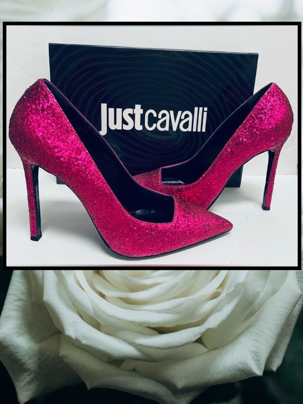 JUST CAVALLI Italy Magenta Fuschia Glitter Stiletto Heel Pump Shoe New 40/9